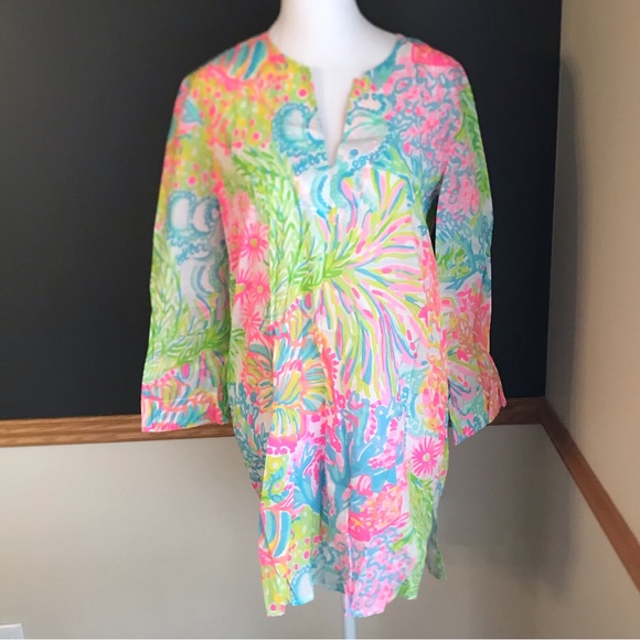 LILLY PULITZER XS MARCO ISLAND TUNIC LOVERS CORAL GRAIL! BEAUTIFUL PRINT - Picture 4 of 9